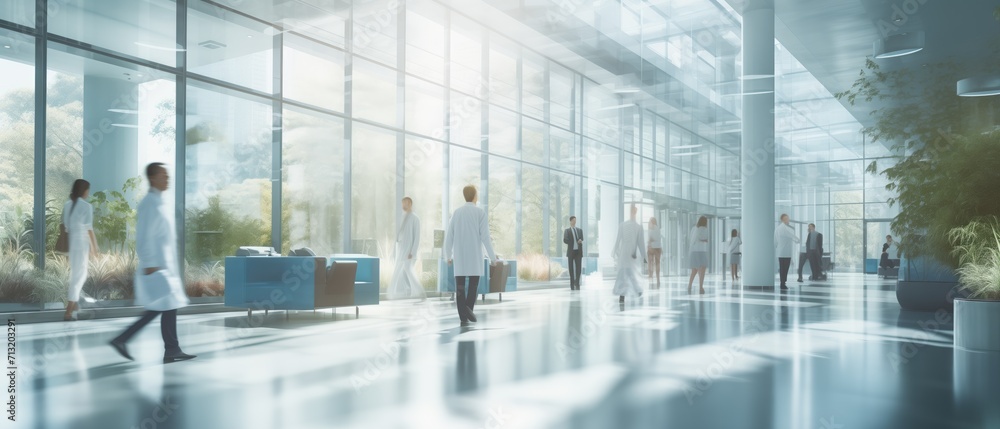 blurred doctors and patients walking in hall of modern office or medical institution hospital blurred doctors and patients walking in hall of modern office or medical institution hospital