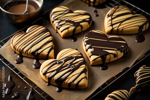decadent heart-shaped shortbread cookies drizzled with oozing chocolate photo