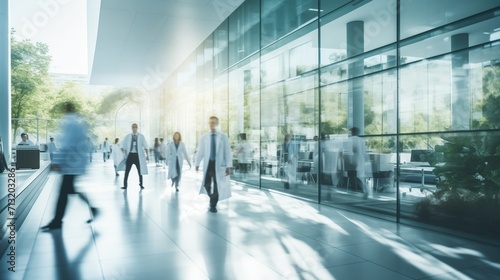 blurred doctors and patients walking in hall of modern office or medical institution hospital photo