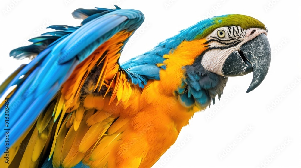 Obraz premium A vibrant parrot with its wings extended, showcasing its beautiful colors. Perfect for adding a touch of exotic beauty to any project