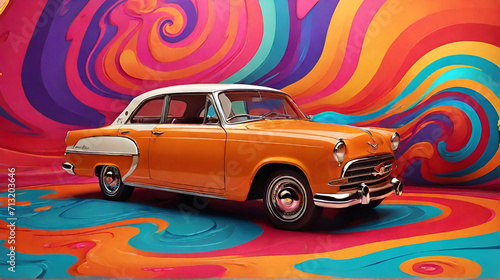 vintage classic car on the abstract colorful background. generative Ai.
