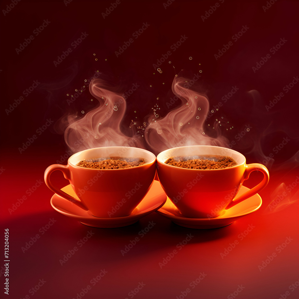 Fototapeta premium Two cups of coffee with smoke on red background. 3d illustration