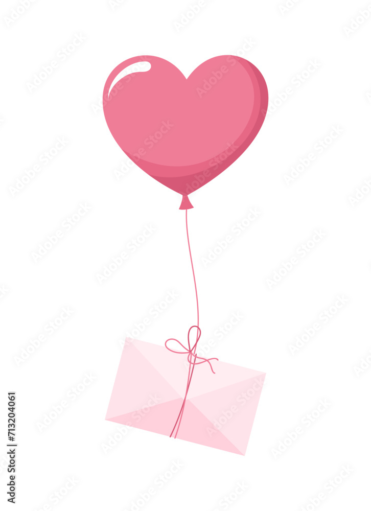 Flying pink heart balloon with an envelope on a string, isolated on white background. Flat vector illustration