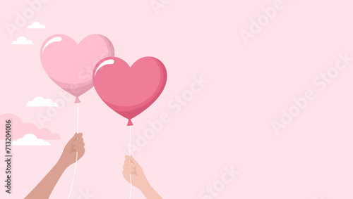 Two hands holding big pink heart balloons on a pink cloudy background, copy space. Flat vector illustration