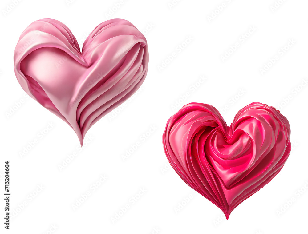 Classy Pastel Pink and Hot Pink 3D Heart Shaped Icons of  Drapery Satin Fabric on Transparent Background, PNG file