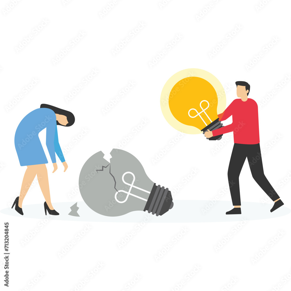 Man brake other man's bulb, Vector illustration in flat style

