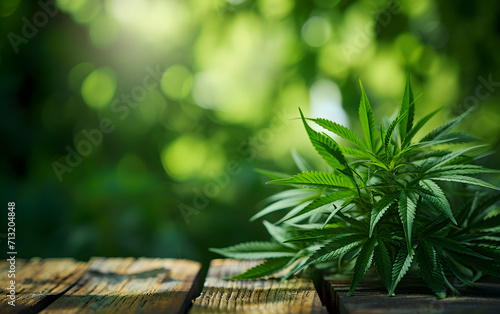 Nat  rliche Kulisse  Gr  ne Cannabis-Pflanze auf Holztisch f  r Hanf  lprodukte