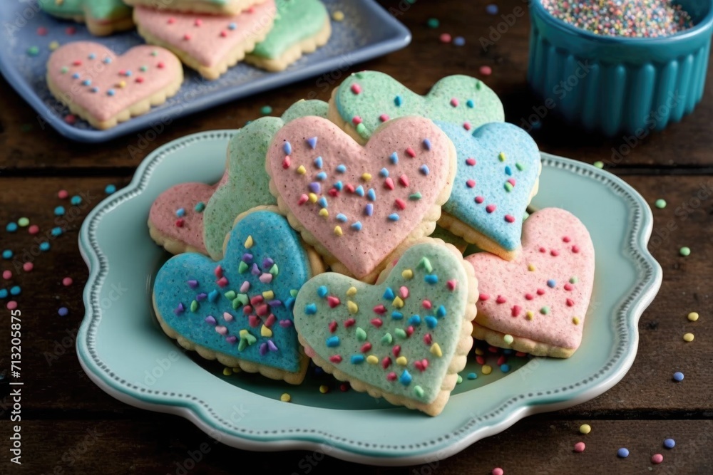 heart-shaped sugar cookies stacked neatly on a plate, with colored icing and sprinkles heart-shaped sugar cookies stacked neatly on a plate, with colored icing and sprinkles