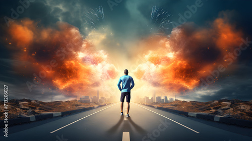 Man is relaxing in mountains and lighting fire,,  illustration of an athletic man walking on a deserted road into the sunset. The image is focused on the man's leg, which emphasizes his physical fitn  © Zafar