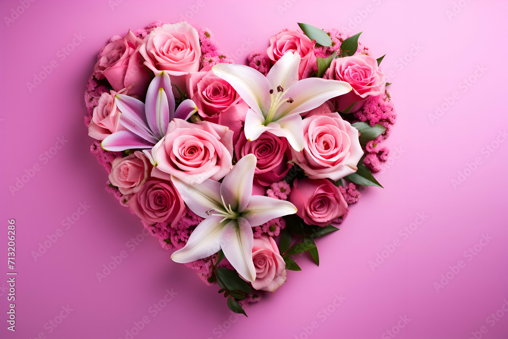 Beautiful bouquet of flowers in shape of heart on color background Beautiful bouquet of flowers in shape of heart on color background