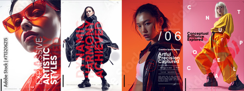 Stylish set of four fashion posters with bold typography and models in dynamic poses against vibrant backdrops. Typography poster design. photo