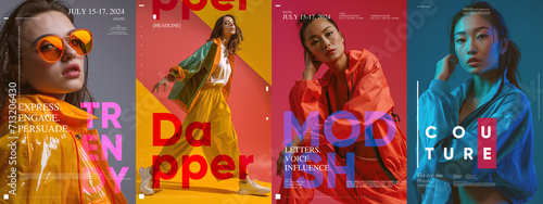 Colorful fashion posters with bold typography and stylish models posing in trendy outfits. Typography poster design. photo