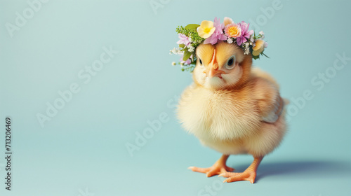 Easter chicken with a meadow flower crown, featuring a chic adorned with a flower headband on a blue background. Easter holiday concept with a cute chicken and floral nest banner with copy space. photo