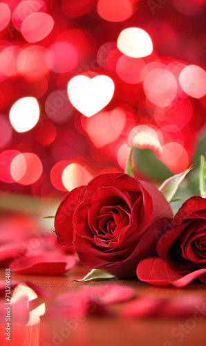 Red rose with valentine day flowers and romantic love on wooden copy space background.
