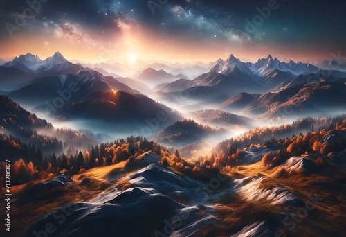 AI generated illustration of a Mountain landscape with a stunning starry sky in the center