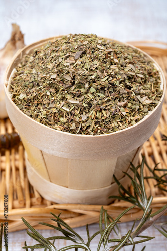 Herbes de Provence, mixture of dried herbs typical of the Provence region, blends often contain savory, marjoram, rosemary, thyme, oregano, lavender leaves, used with grilled food and stew