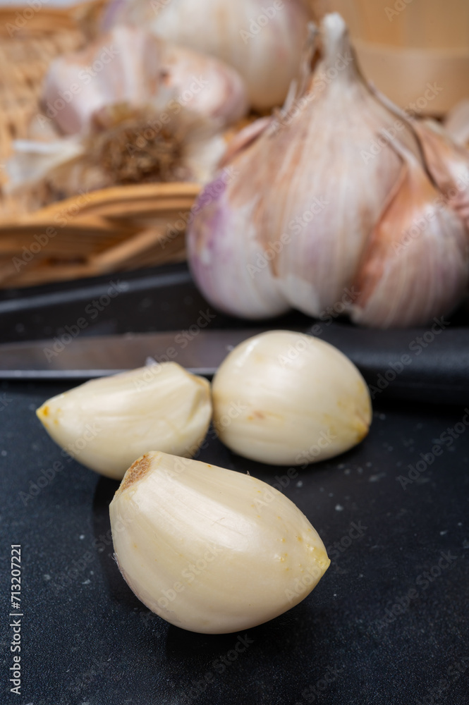 Cooking with dried French garlic. Red garlic. Violet garlic. Cooking with dried French garlic. Red garlic. Violet garlic.