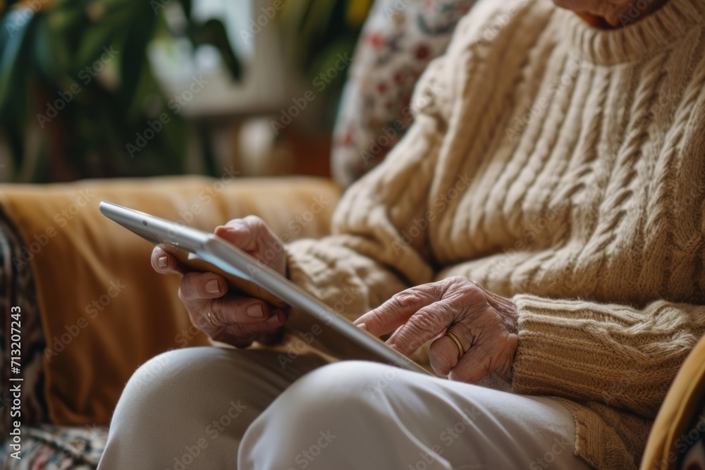 Elderly woman using tablet