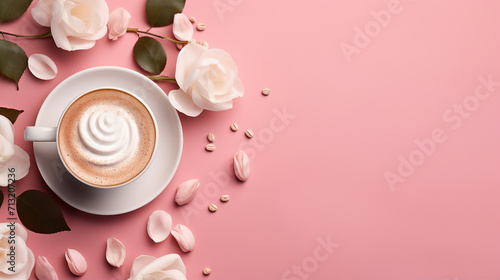 Captivating Pink Cappuccino  Trendy Coffee Concept with Stylish Aesthetic  White Flower Petals  and Copy Space for Text on an Isolated Background - Perfect for Your Morning Ritual