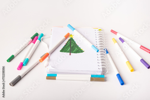 School supplies, Drawing material on white background, selective focus.