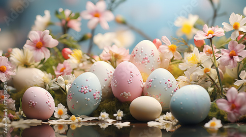 Magic Easter Landscape, eggs inside flowers, Happy Easter. Congratulatory easter background, gentle pastel colours, copy space, Spring flowers and easter egg with blue background, celebration