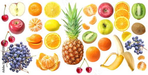Fresh fruit collection, isolated on white background: orange, pineapple, grape, lemon, apple, kiwi, mandarin,cherry photo