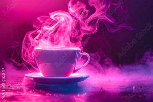 Cup of steaming coffee with purple neon light on dark background