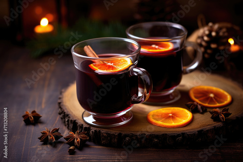 Two glasses of christmas mulled wine or grog with spaces and lights on background