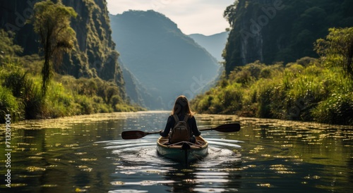 A solitary figure gracefully glides through the tranquil waters of a river, surrounded by majestic mountains and lush trees, her trusty canoe serving as her means of transportation in this idyllic ou
