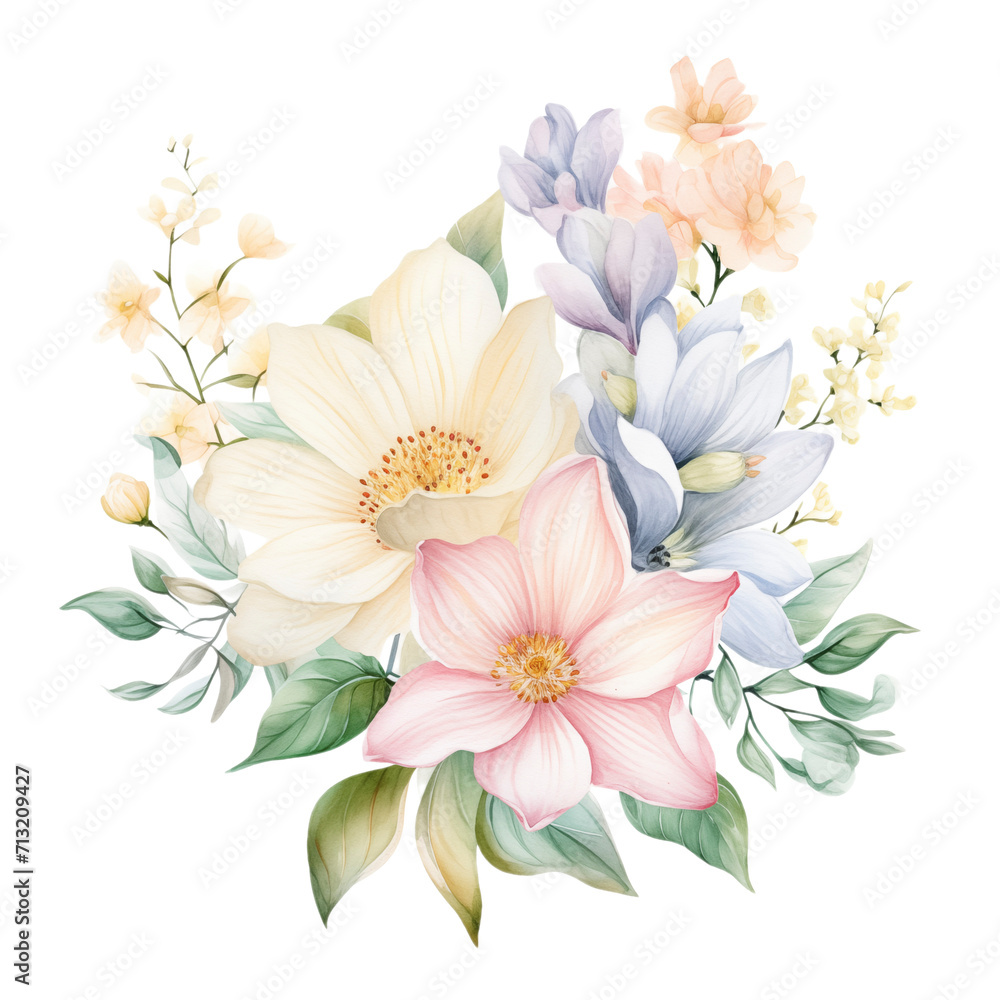 Watercolor illustration with spring pastel flowers bouquet. Isolated on transparent background. Perfect for card, postcard, tags, invitation, printing, wrapping.
