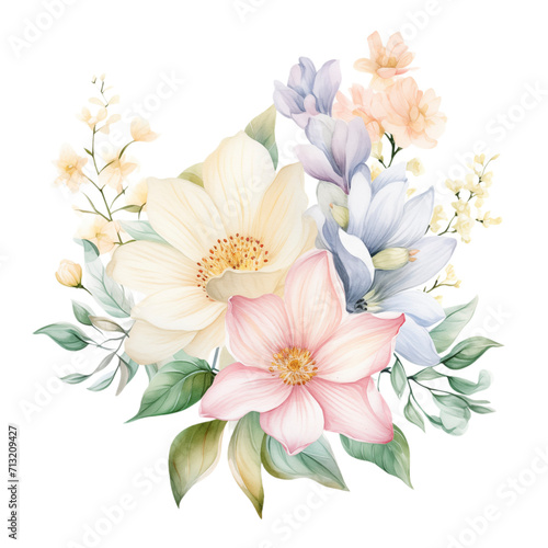 Watercolor illustration with spring pastel flowers bouquet. Isolated on transparent background. Perfect for card, postcard, tags, invitation, printing, wrapping.  © Aliaksandr