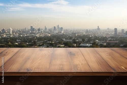Frame your advertising message against the dynamic backdrop of a high-rise balcony s wooden table offering a mesmerizing city view. AI generative.