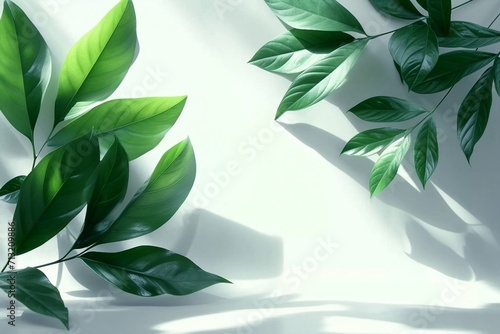 Creative layout of colorful riskus leaves on a white background in the rays of the sun, with shadows. Minimal summer exotic concept with copy space. generative ai.