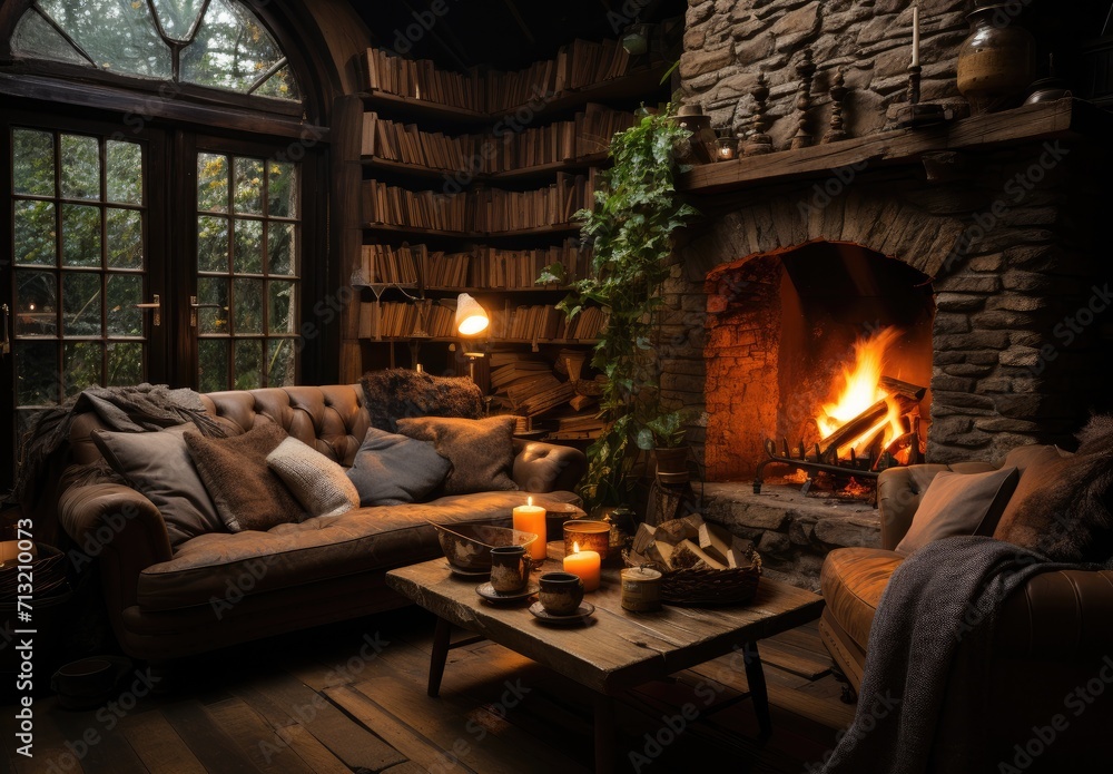 Cozy and inviting, this living room boasts a stone fireplace, woodburning stove, and plush couches, creating the perfect space to relax and unwind indoors Cozy and inviting, this living room boasts a stone fireplace, woodburning stove, and plush couches, creating the perfect space to relax and unwind indoors