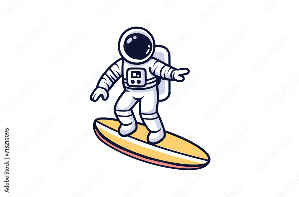 Cute Astronaut surfing on the beach Cartoon Vector Icon Illustration. Science Food Icon Concept Isolated Premium Vector. Flat Cartoon Style
