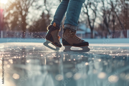 A person gracefully glides across the ice on a skating rink. Perfect for winter sports or recreational activities