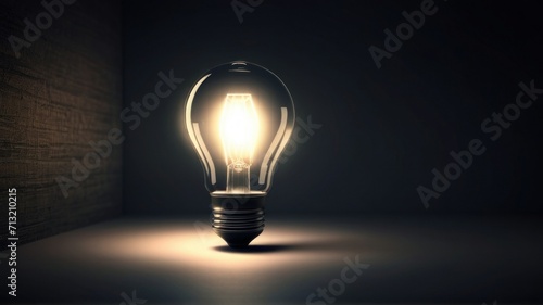 One of Lightbulb glowing among shutdown light bulb in dark area with copy space for creative thinking , problem solving solution and outstanding concept by 3d rendering technique, generative, AI.