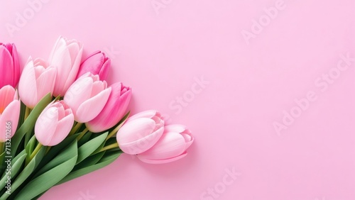 Beautiful composition spring flowers. Bouquet of pink tulips flowers on pastel pink background. Valentine's Day, Easter, Birthday, Happy Women's Day, Mother's Day. Flat lay, top view, generative, AI.