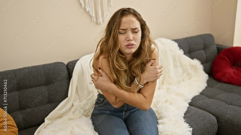 Sad and shivering, portrait of a young hispanic woman, freezing in winter cold, wearing casual clothes at home, shock etched on her beautiful face Sad and shivering, portrait of a young hispanic woman, freezing in winter cold, wearing casual clothes at home, shock etched on her beautiful face