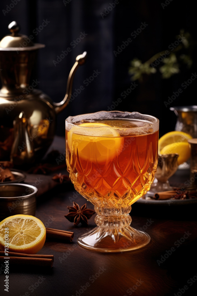 Glass of delicious Christmas winter punsh with spices and citrus on the dark background Glass of delicious Christmas winter punsh with spices and citrus on the dark background