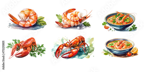 illustration of a set of seafood lobster and shrimps and sushi icons photo