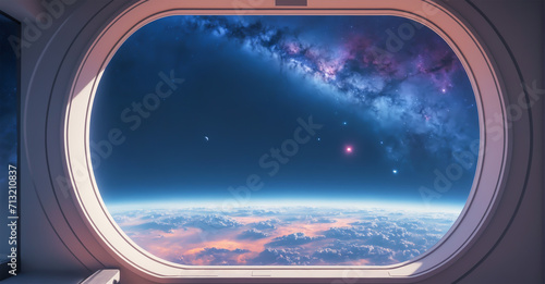 View from a window in space. Futuristic fantasy space background, backdrop, wallpaper. photo