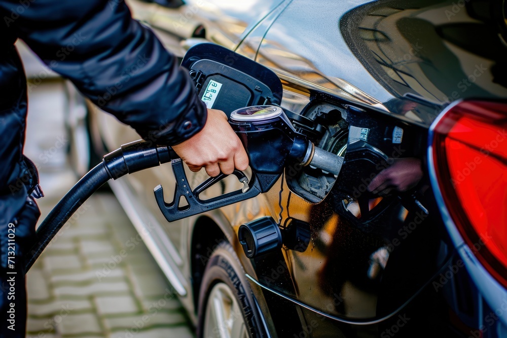 Obraz premium Photo a person pumping gasoline fuel in car at gas station