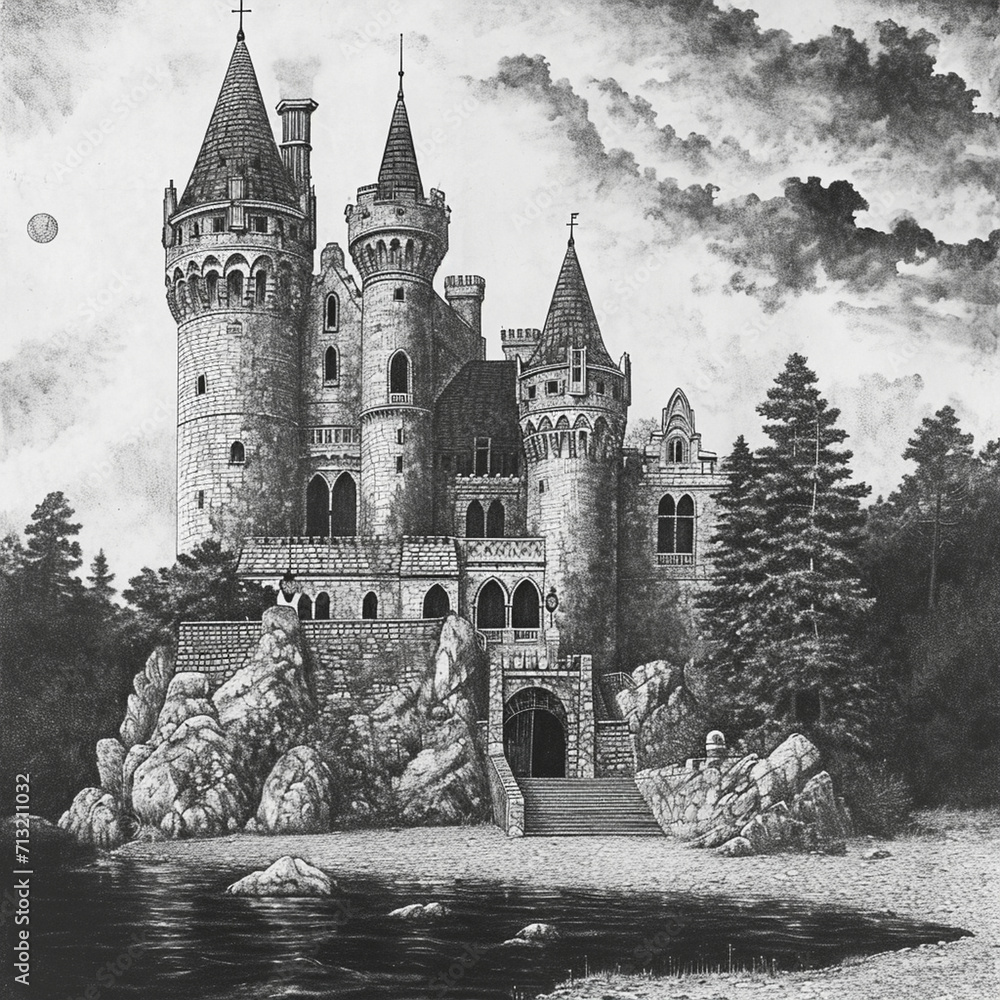 gothic abondend castle,charcoal style pointillism