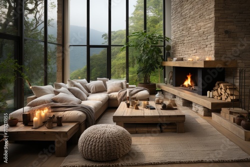 A cozy indoor oasis, complete with lush plants and a stone hearth fireplace, invites you to relax on the comfortable couch and admire the outdoor view through the large windows