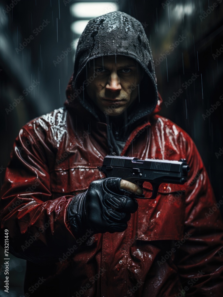 A lone figure stands in the midst of chaos, their piercing gaze and fiery red coat a stark contrast against the dullness of war, gripping their weapon tightly as they fight for survival A lone figure stands in the midst of chaos, their piercing gaze and fiery red coat a stark contrast against the dullness of war, gripping their weapon tightly as they fight for survival