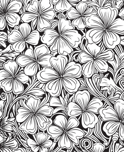 Monochrome Doodle St Patrick s Day Seamless Pattern. Decorative Clover Leaf Talisman coloring page