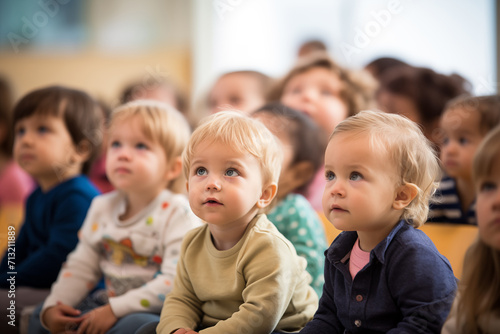 Children in nursery classroom listening to the teacher. Generative AI