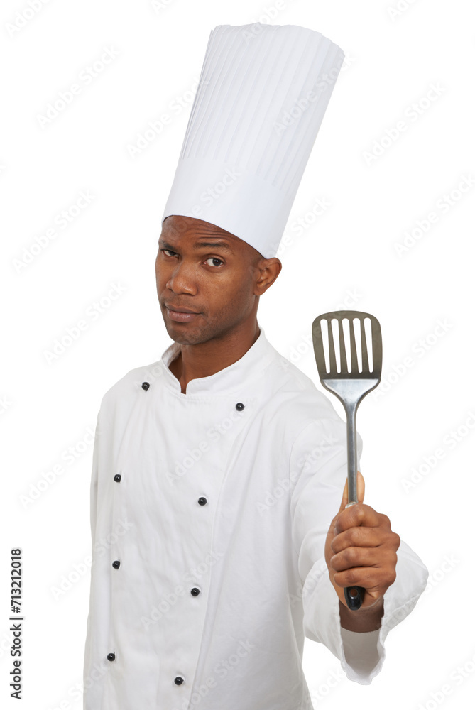 Man, chef and portrait with spatula tool in studio isolated on white background. Face, professional cook and kitchen turner, metal or utensil for serious African restaurant worker in catering service Man, chef and portrait with spatula tool in studio isolated on white background. Face, professional cook and kitchen turner, metal or utensil for serious African restaurant worker in catering service