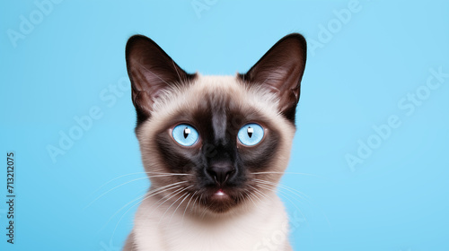 Siamese Cat with Striking Blue Eyes on Blue Background